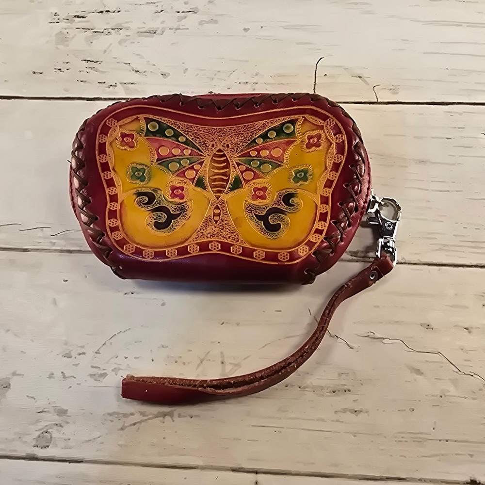 Vintage Hand Tooled Leather Butterfly Wristlet Pouch Burgundy Yellow Boho Clutch